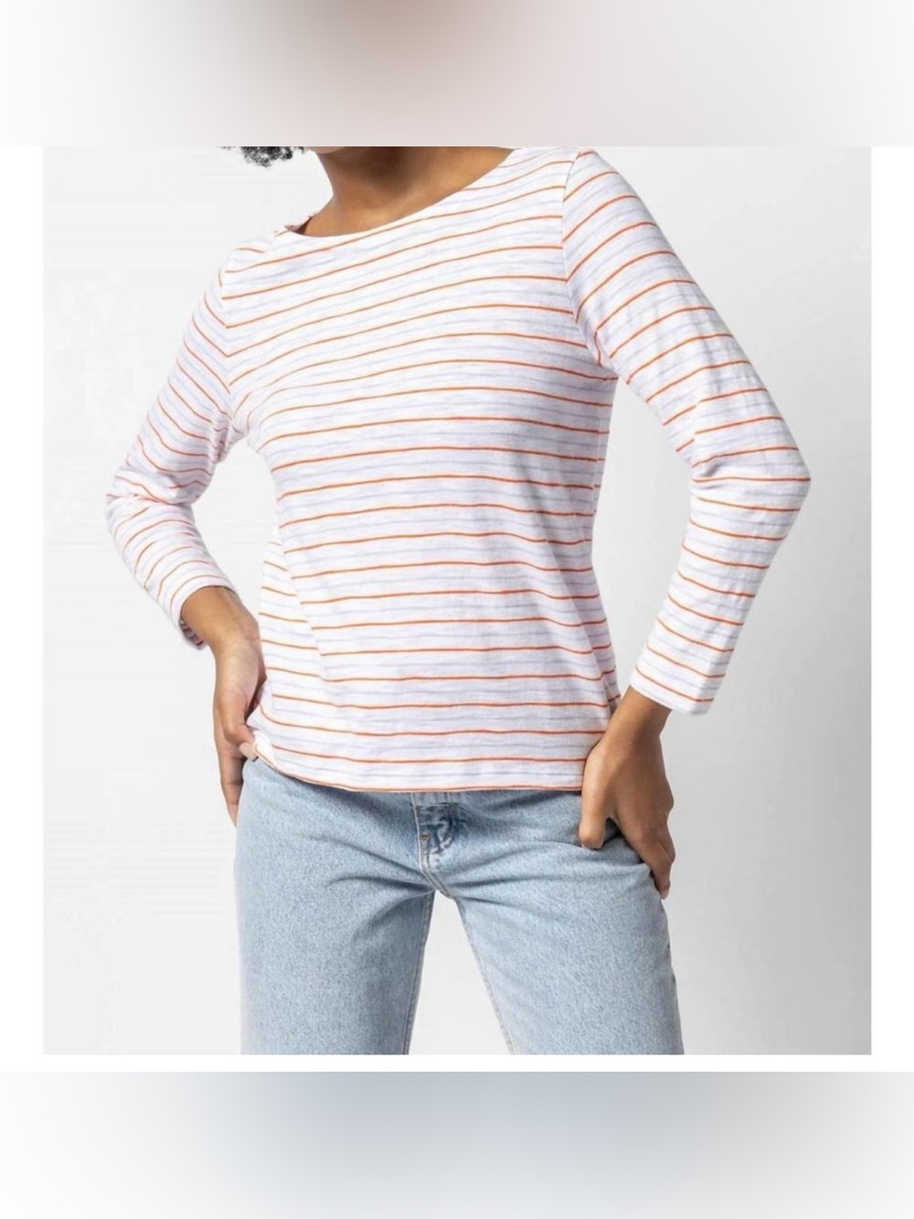 Lilla P 3/4 Sleeve Striped White Cotton Versatile Relaxed Fit Luxury Tee Size XS
